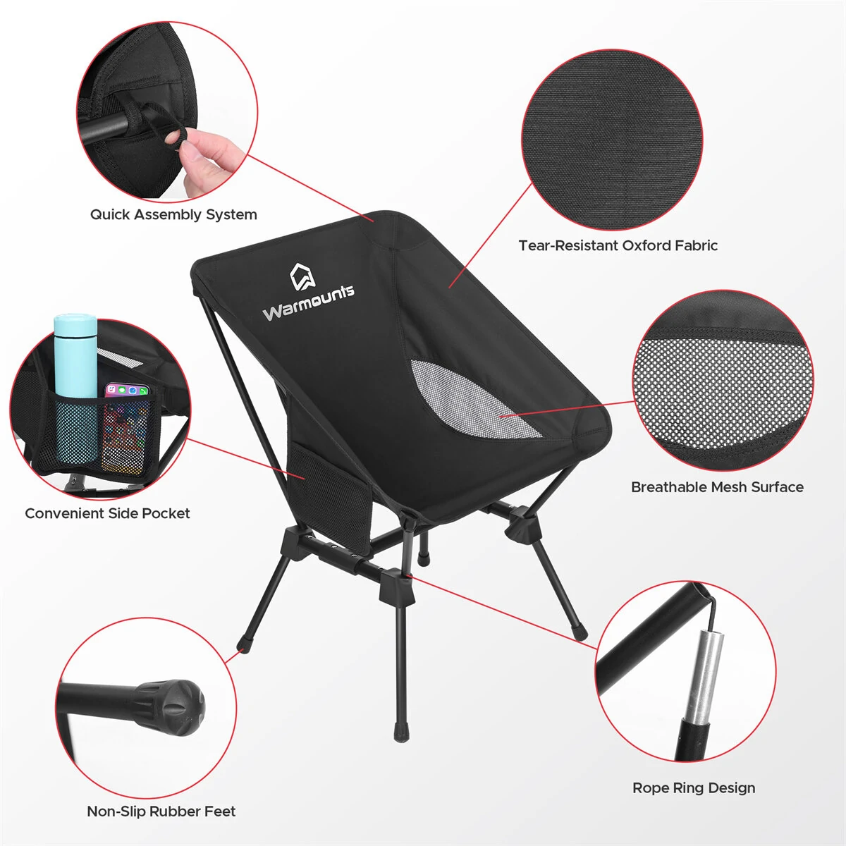 (image for) 2Pcs WARMOUNTS Portable Camping Chair, 400LBS Folding Backpacking Chair Side Pocket Carrying Bag, Ultralight Compact Beach Chair for Picnic Hiking Fishing